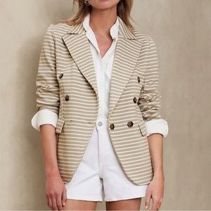 Banana Republic Beige and White Striped Double-Breasted Blazer